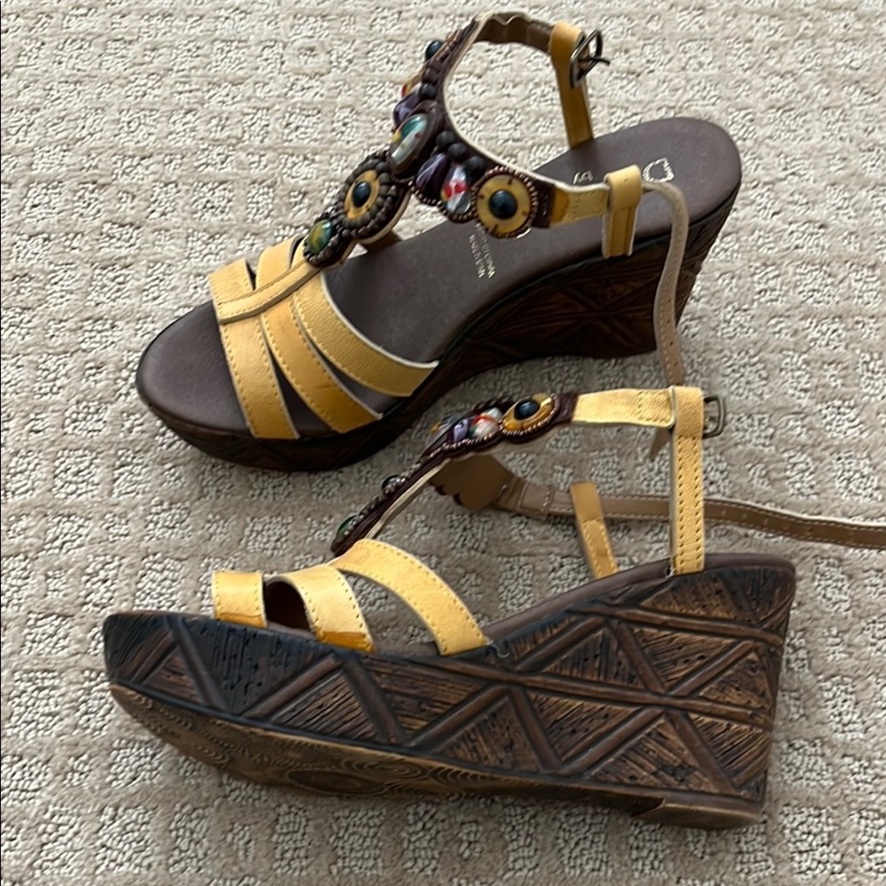 Dorking by Fluchos Yellow Beaded Wedge Sandals